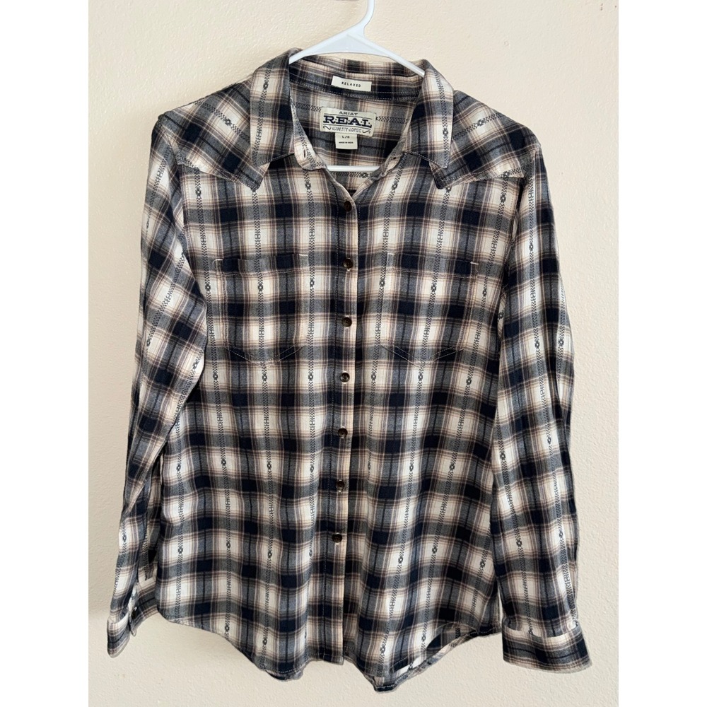 Ariat REAL Relaxed Plaid Western Shirt Brown Cream Embroidered Stripe 10028755 L